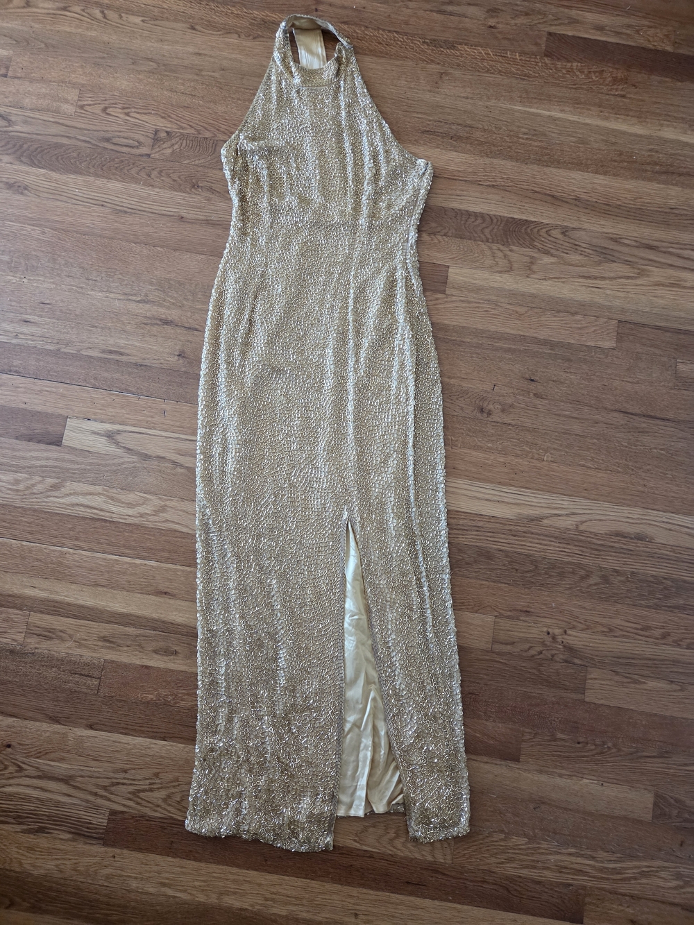 Gold Sequin Halter-Style Evening Gown